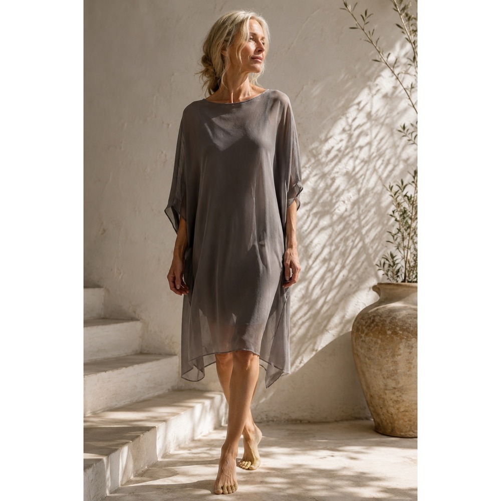 Eileen Fisher 100% Silk Sheer Dress Large Taupe Oversized Tunic Minimalist